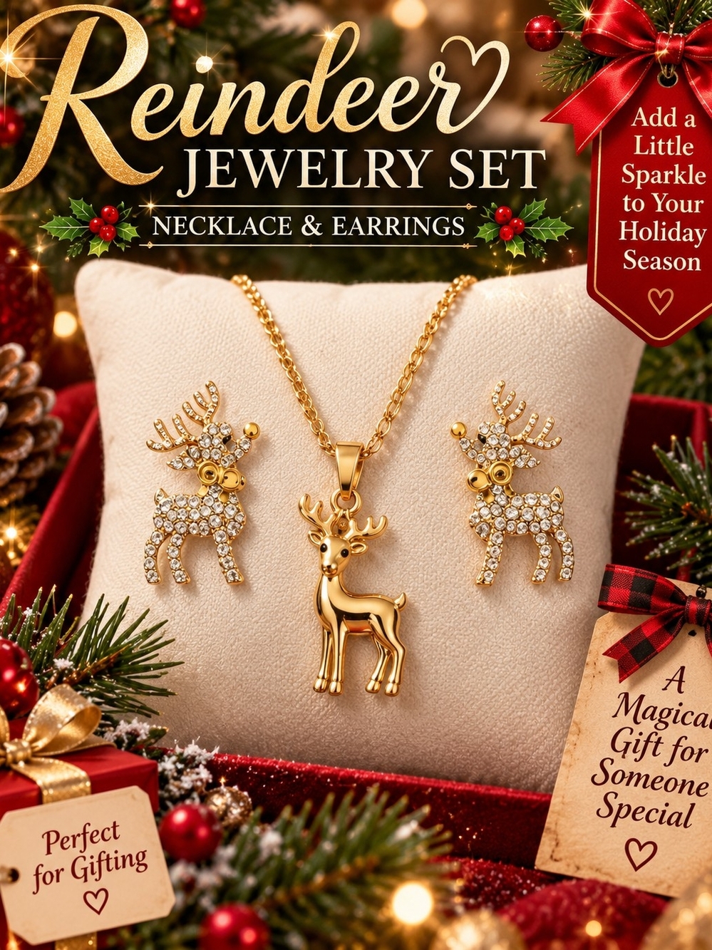 Gold Reindeer Necklace and Earrings Set - Festive Women's Jewelry